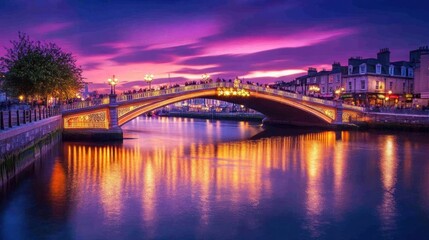 A picturesque bridge illuminated at sunset, reflecting vibrant colors on the water below.