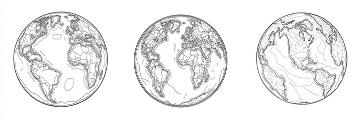 Obraz premium Collection of Simple Line Art Illustration of Earth Globes on white and transparent background. PNG