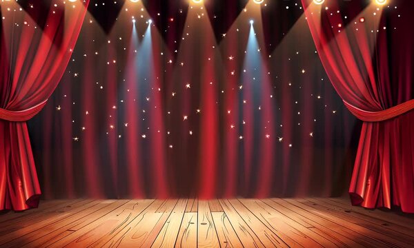 Red stage curtain with lights and wood floor background for theater performance or show vector illustration