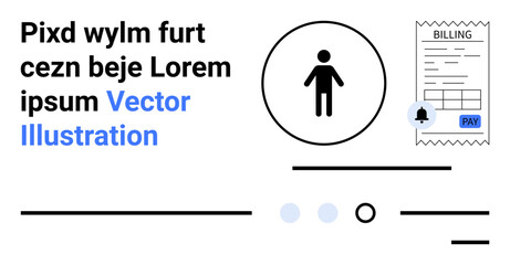 Person icon inside circle, mock billing invoice with PAY button, text elements including Vector Illustration. Ideal for business, finance, web design, invoices, minimalism, modern themes. Landing