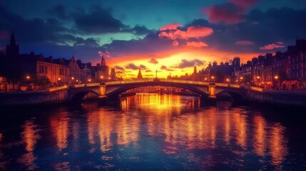 A picturesque sunset over a city bridge reflecting on the water, creating a serene atmosphere.