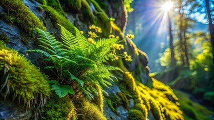 Obraz premium A lush fern unfurls its fronds against a backdrop of mossy rocks, bathed in the golden glow of sunlight filtering through the dense canopy of a verdant forest