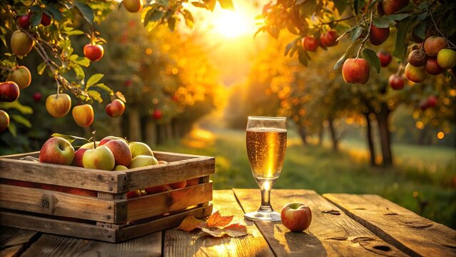 A wooden crate brimming with ripe apples sits on a rustic table, a glass of sparkling cider nearby, with a golden sunset illuminating an orchard in the background.