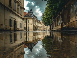 Obraz premium Reflected European Cityscape After Rain