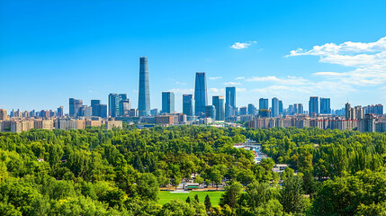 Modern City Skyline with Green Trees, cityscape, skyscraper, buildings, urban, architecture