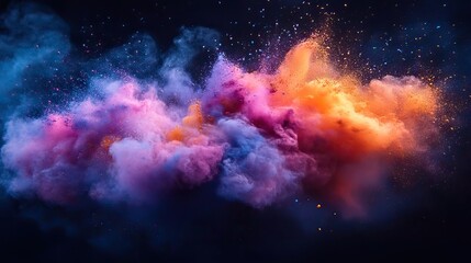 Bright CMYK holi paint powder explodes against a dark background, symbolizing vibrant creativity.