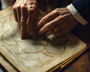 Obraz premium A person's hands delicately tracing a vintage map, suggesting exploration and discovery.