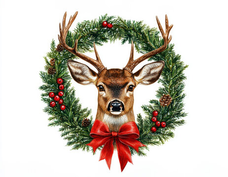 recommend clip art: Christmas deer head with red bow and Christmas wreath on white background