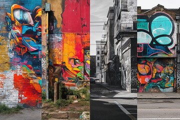 Vibrant Street Art Collage with Aged Photographs Bold Graffiti Textures and Dynamic Layers