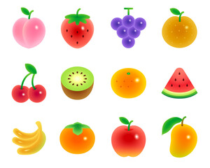 Various fruit color icons set in gradient illustration style. Delicious and cute fruits such as bananas, apples, cherry, peach, strawberry, grape, kiwi, mango, etc.