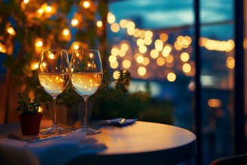 A romantic candlelit dinner table setting with two glasses of white wine.