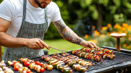 Man Grilling Kebabs on a Barbecue, meat, vegetables, tomatoes, zucchini, onions