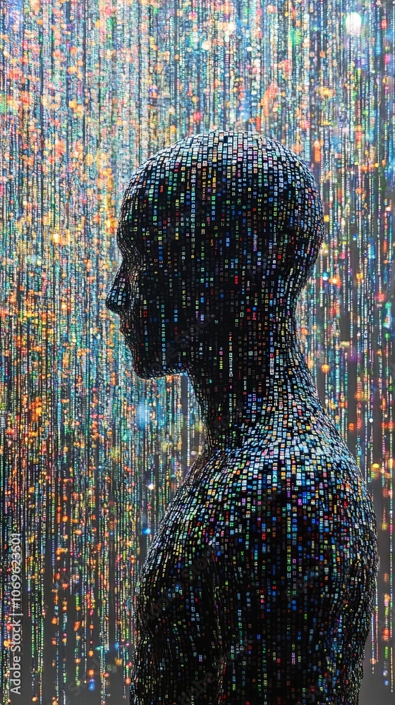 Aufkleber digital human silhouette with cascading binary code, futuristic technology concept