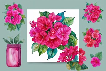 Obraz premium Vibrant Bougainvillea Flower Watercolor Clip Art for Summer Decor and Botanical Artwork