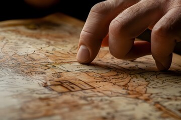 A hand tracing a route on an old map, suggesting exploration or navigation.