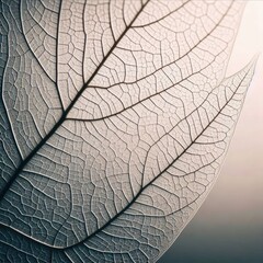Obraz premium Close-up of a leaf's intricate structure, revealing a network of delicate veins against a soft, pale backdrop. The translucence highlights the texture, with fine lines creating a web-like pattern.