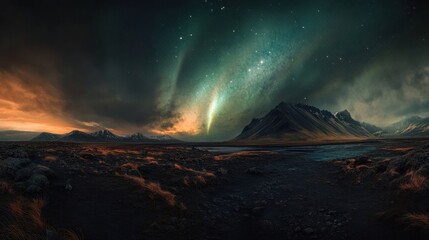 A stunning night landscape featuring mountains illuminated by the Milky Way and vibrant auroras.