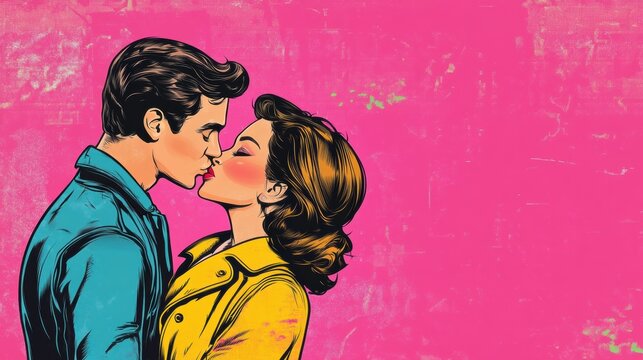 A Couple Kisses Sweetly Against a Vibrant Pink Backdrop for Valentine's Day