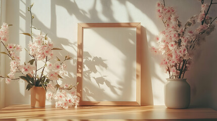 Mockup Frame With Pink Flowers And Sunlight, wooden frame, empty frame, blank frame, white frame, photo frame