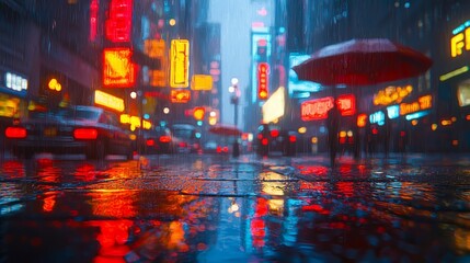 Naklejka premium Neon Streets in Rainy Cityscape at Night
