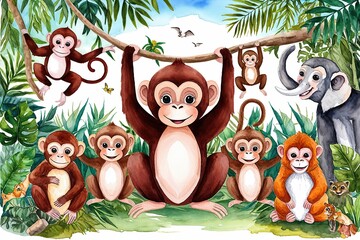 Obraz premium Vivid Watercolor Artwork of Adorable Monkeys and Jungle Wildlife