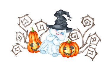 Little ghost in a witch hat with pumpkins and branches with hats watercolor illustration. Halloween spirit isolated from background. Concept design for poster, card, banner, clothing, wallpaper, 