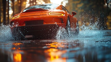 Fototapeta premium Car splashing through a puddle, sending water flying in a dynamic and energetic motion.