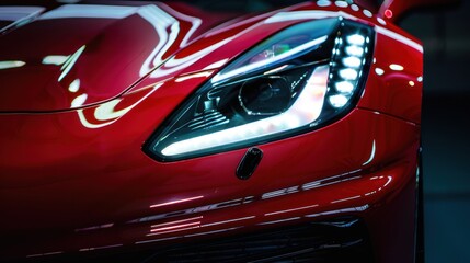 Fototapeta premium Modern red sports car LED headlights with black background and copy space, AI generated image