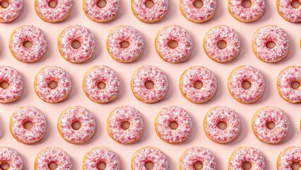 A symmetrical array of pink frosted donuts with sprinkles, arranged on a soft pink background creating a visually appealing pattern.