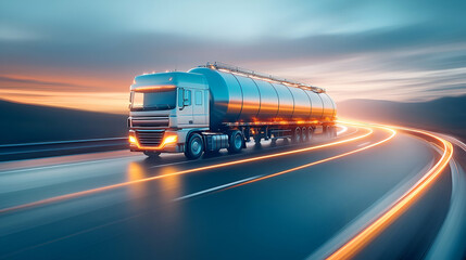 Big fuel tanker truck shipping fuel on highway road in motion. Gasoline tanker, oil trailer, fast driving