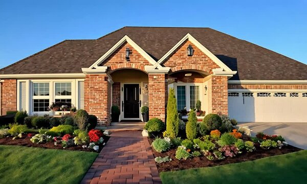 Brick House with Sloped Roof and Green Yard