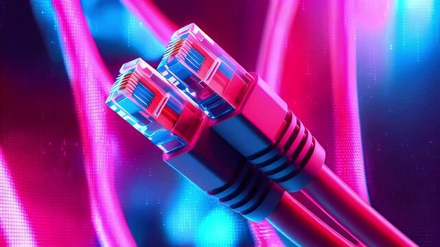 Close up of two ethernet cables in neon pink and blue lighting.
