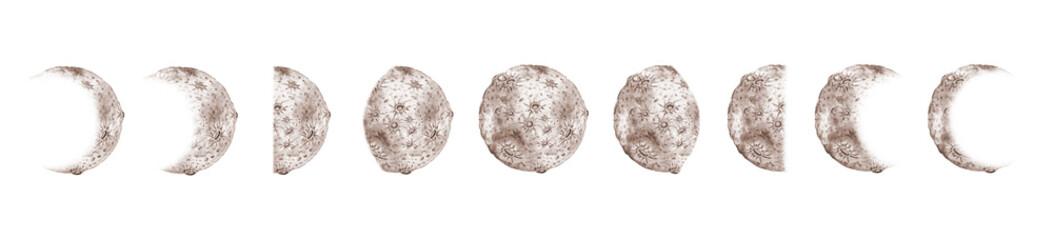 Moon phases in brown and beige tones set watercolor illustration. Cosmic body isolated from background. Astrology of moon phases. Design concept for poster, card, banner, clothing, wallpaper packaging