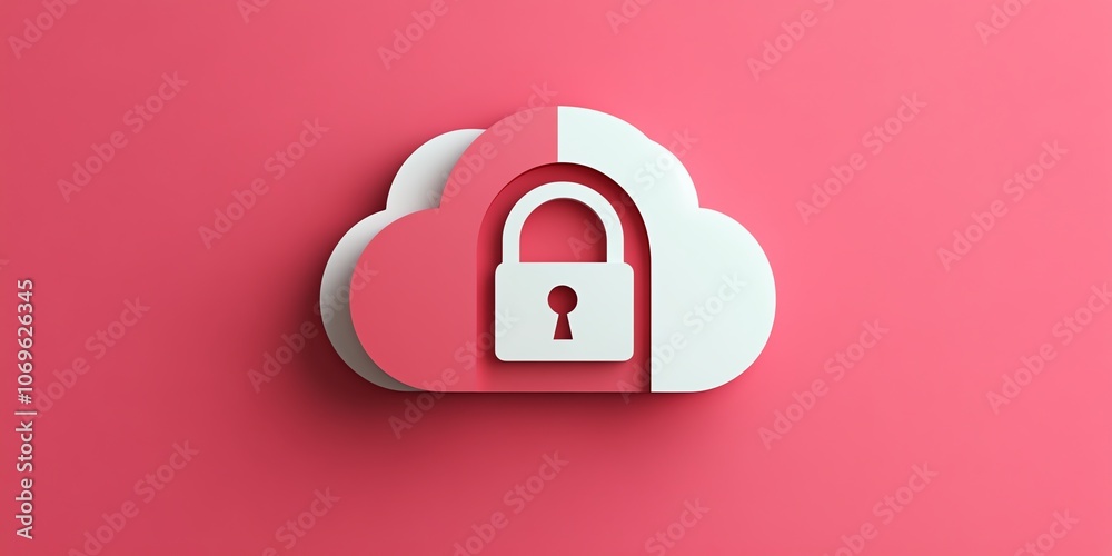 Poster a white cloud with a padlock inside, representing data security, isolated against a pink background.