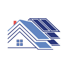 House Icon with Layered Solar Panel Roof, Illustration of a house with a layered roof featuring solar panels, symbolizing sustainable energy, roofing, and home design.
