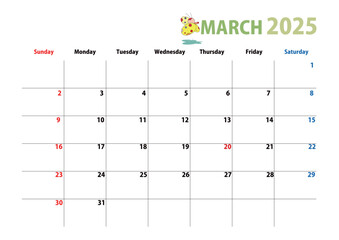 2025年カレンダー、3月