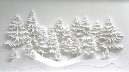 White paper cut out forest with layered trees and snow, creating serene winter scene