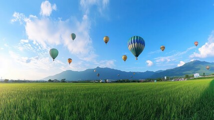 Fototapeta premium Colorful hot air balloons floating over a lush green field with mountains in the background.