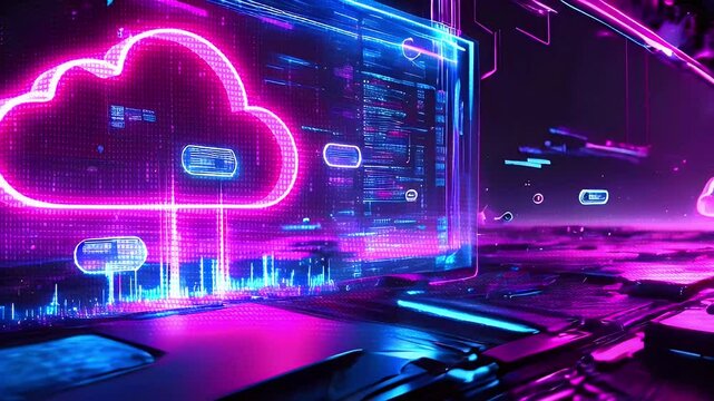 Neon glowing cloud symbol on a futuristic digital screen.