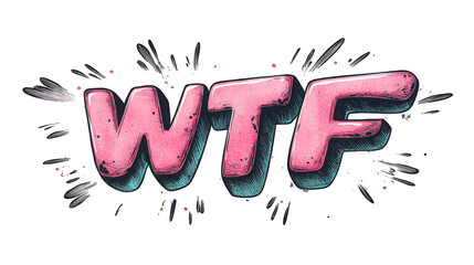 Bold "WTF" in pink comic-style typography on transparent background, expressing surprise, shock, or humor with playful and impactful design.