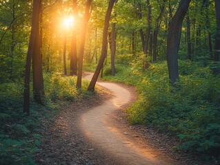 Obraz premium A winding dirt path through a lush green forest at sunset, with the sun shining through the trees.