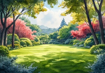 Fototapeta premium 緑豊かな風景の水彩イラスト