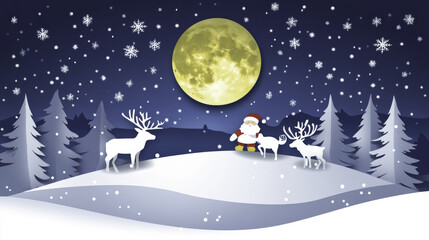 Naklejka premium Santa and reindeer in snowy meadow under full moon, joyful scene