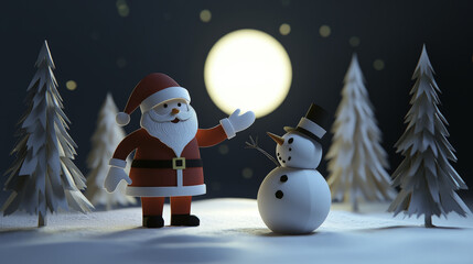 Santa Claus and snowman share joyful moment under moonlight