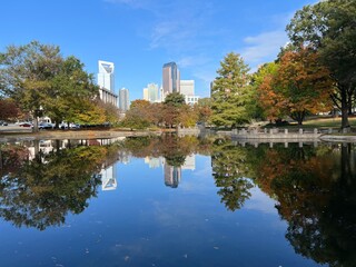 View of the Charlotte, NC skyline cityscape on a clear autumn fall day