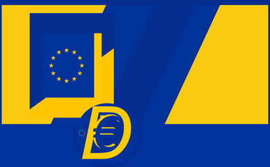 Digital Euro as d€ and background creative as the colors and style design of the European Union flag, blue yellow, map of Europe, EU, stars, shape and diagonal design