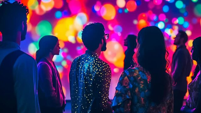 A vibrant nightclub setting showcases diverse young individuals engaged in lively conversations amidst a backdrop of colorful lights. The mood is celebratory and the attire ranges from casual to