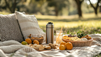 A beautiful picnic setup in the park with warm drinks in thermoses and delicious snacks.
