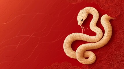 Happy Chinese new year banner with wooden snake on red background. Vector illustration for posters, flyers, greeting cards, banner, invitation, copy space for text