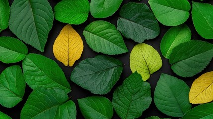 Fototapeta premium Green and Yellow Leaves Pattern on Black Background Nature Texture Floral Design
